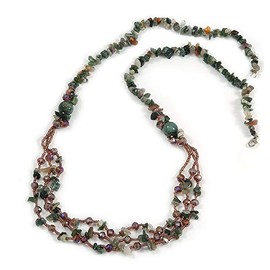 Avalaya Long Multistrand Purple Glass Beads and Green Malachite Semiprecious Nuggets Necklace/ 90cm L
