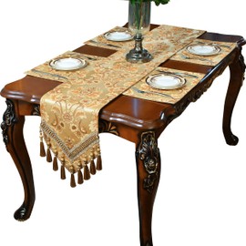 NYSMXF Luxury Velvet Gold Table Runner 173 Inches Long with Vintage Damask Jacquard Design for Dining Room,Living Room,Home Decor,Elegant Beaded Tapestry,Lining (Gold, 13×173 inch)