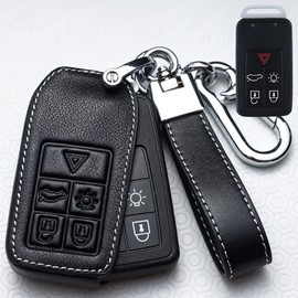ontto Leather Car Key Fob Cover Keyring fit for Volvo S60 S80 V60 XC60 XC70 S60L V40 XC90 Keyless Entry Key Case keychain Remote key Shell key Holder Protector accessories 5 Buttons Black B