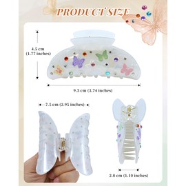 Mesovor 3 Pack Bow Printed Hair Claw Clips, Non-slip 3.74" Medium Hair Grip Clawclips with Colored Zircon | Acrylic Strong Hold Jaw Banana Clips (Blue, Purple, White)