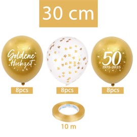 MEJOSER Pack of 24 Golden Wedding Decoration Balloons in German 2025 50 Number Confetti Balloons 12 Inch Latex 50th Anniversary Gold Wedding Party Gifts (50)