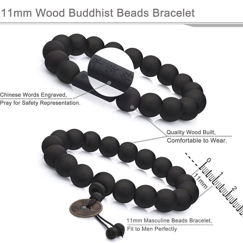 JeryWe 2Pcs 11mm Wood Beaded Bracelet for Men Buddhist Beads