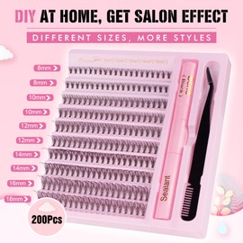 Parriparri Lash Extension Kit 200pcs DIY Individual Lashes with Bond and Seal and Lash Applicator C Curl Cluster Lashes Kit 20D False Eyelashes Extension for DIY at Home (20D-0.07C-8-16MIX KIT)
