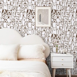 Ismoon Peel and Stick Wallpaper Dog Wallpaper Brown and White Contact Paper Modern Puppy Cat Stick on Removable Self Adhesive Wall Paper for Kids Bedroom Vinyl Wall Decor, 17.3x177in