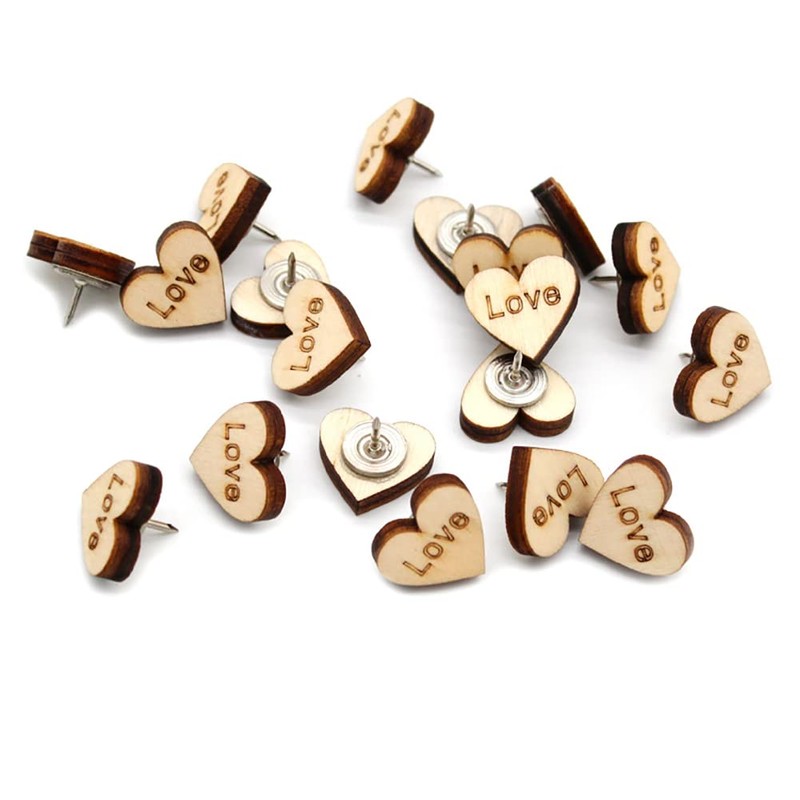 JIHUOO Pack of 20 wooden heart push pins, drawing pins,