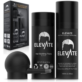 ELEVATE Hair Perfecting 3-in-1 Kit Set Includes Natural Hair Thickening Fibers & Spray Applicator Pump Nozzle & Locking Setting Hold Hair Spray | Instantly Conceal Balding Hair Thinning Areas (Black)