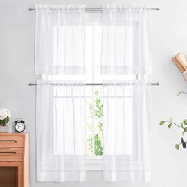 NICETOWN Kitchen Curtains 36 Inch Length - Small Window Curtain for Bathroom/Basement/Cafe, Short Sheer Valance Tier (42-inch Width, White, 2 Panels)
