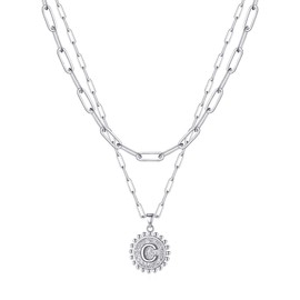 Silver Layered Necklaces for Women, Silver Paperclip Chain Necklaces Initial Coin Pendant Necklaces Layered Letter A-Z Initial Necklaces for Women Girls Jewelry Gifts, Brass, Cubic Zirconia