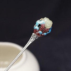 Rabithenn S925 Silver Hairpin Hair Fork Stick Chinese Style Wooden Hair Accessories with Handmade Retro Clip for Women Girls Long Hair (Blue style)