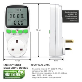 Bearware Electricity Usage Monitor Power Meter Plug Backlight LCD Energy Monitor Plug Watt Meter, UK Socket Power Monitors, Power Consumption Energy Saving Amp Watt KWH Volt Meter Outlet