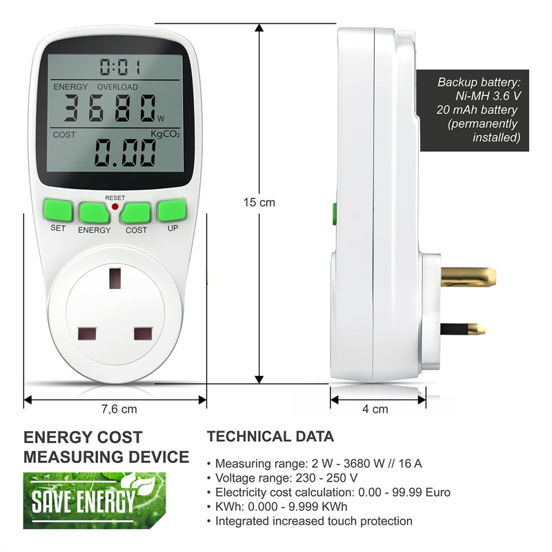 Bearware Electricity Usage Monitor Power Meter Plug Backlight LCD Energy