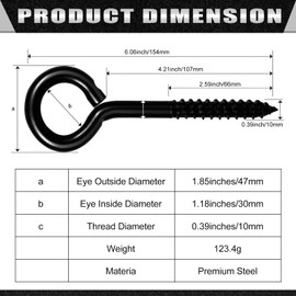 FAMLEAF 2 Pieces 6 Inch Heavy Duty Screw Eye Hooks, 700 LBS Capaciy, Black Stainless Steel Eyelet Screw Eye Bolts, Hammock Hooks for Wood Securing Cables Wire, Indoor & Outdoor Use