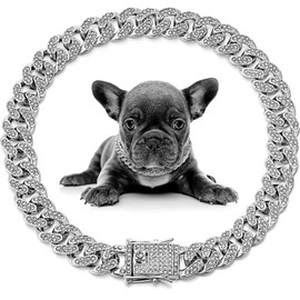 Chain Dog Collar, Bling Diamond Cuban Link Dog Collars Glitter Chain Rhinestone Puppy Necklace for for Small Medium Large Pet Dogs (Silver, 8 inch)