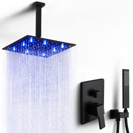 SKOWLL Matte Black Shower Faucet Set Rainfall Shower Head LED Shower Faucet Overhead Shower System Shower Head and Handle Set Ceiling Mount 12 Inch Shower Head with 2 Function Shower Valve Kit