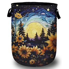 Starry Sky Sunflower Laundry Basket, Moon Flower Laundry Hamper Collapsible Oxford Cloth with Handle Clothes Toy Storage Bin for Bathroom Laundry Room Bedroom 15.7 X 20 Inch