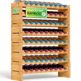 NutriChef Bamboo Stackable Wine Rack, 8-Tier 72 Bottle Capacity Wine Racks Free Standing Floor, No Tools Assembly, Modular Storage Display Shelf for Kitchen and Cellar 33.5" x 10" x 42"