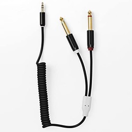 Candycord Audio Cable by myVolts, Straight Mini Jack to 2 x Straight Large Jack, Curly 40cm to 50cm, Liquorice Black Colour