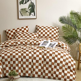 Pureant Pumpkin White Plaid Comforter Set Queen Brown and White Checkered Bedding Comforter Soft Women Girls Brown Checkerboard Grid Quilts Queen Size Boho Pumpkin Buffalo Plaid Comforter Geomertic