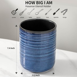 Hasense Utensil Holder, 7.4" Large Utensil Holder for Kitchen Counter, Ceramic Utensil Organizer for Utensil Set, Modern Kitchen Utensil Crock for Countertop Decor, Blue