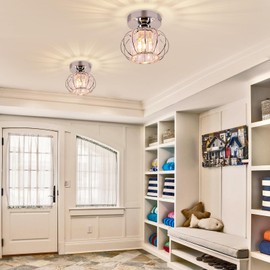 FRIXCHUR Small Chandelier Semi Flush Mount Ceiling Light Fixture Chrome Flush Mount Ceiling Lighting Crystal Ceiling Light Fixture for Hallway Closet Kitchen Island Dining Room Bedroom E26 Base