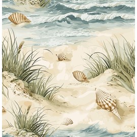 LaCheery Peel and Stick Wallpaper Coastal Beach Wallpaper for Bedroom 17.5"x276" Seashell Conch Grass Mural Wall Paper Nature Ocean Wave Contact Paper for Bathroom Walls Nursery Laundry Removable Roll