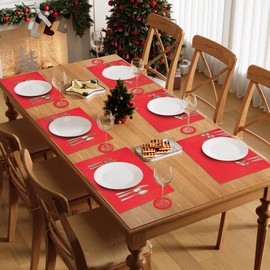 Famibay Placemats and Coasters Set of 4 Christmas Table Place Mats Heat Resistant Washable Red Plastic Dinner Place Mats for Kitchen Dining Table