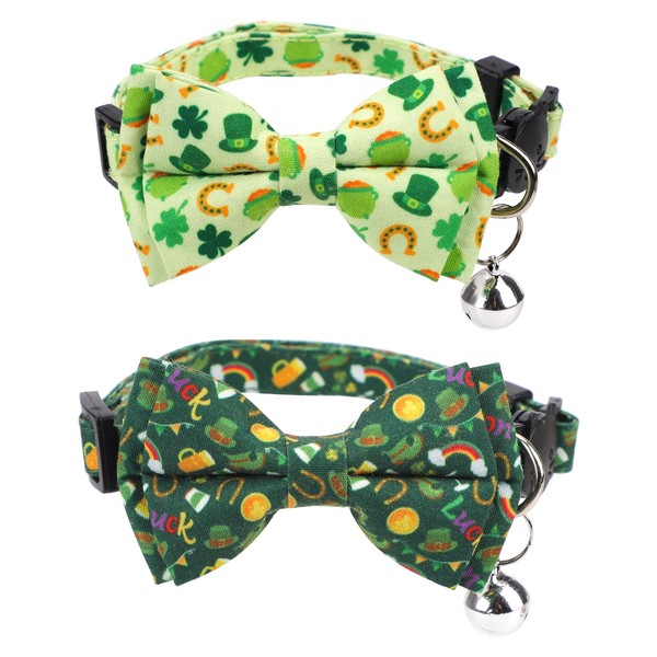 lasuroa Pack of 2 St. Patrick's Cat Collars, Adjustable St. Patrick's Pet Fly Collar with Bell, Lucky Clover Pet Tie, Cat Collar for Most Cats and Puppies