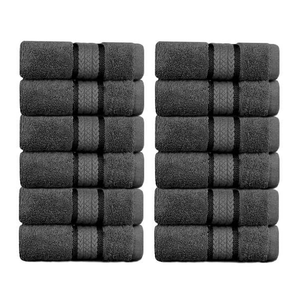 COTTON CRAFT Ultra Soft 12 Pack Wash Cloths 12x12 Charcoal Weighs 2 Ounces Each - 100% Pure Ringspun Cotton - Luxurious Rayon Trim - Ideal for Everyday use - Easy Care Machine wash