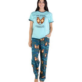 Lazy One Women's Pajama Set, Short Sleeves with Cute Prints, Relaxed Fit, Animal (Otterly Exhausted, X-Large)