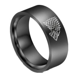 FlyStarJewelry House of Stark Game Thrones Rings Direwolf Wolf Mens Black Stainless Steel Ring - 7