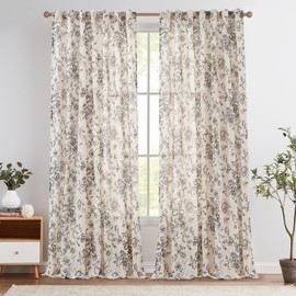 jinchan Linen Curtains Floral Curtains for Living Room 96 Inch Length Black Printed Curtains Rod Pocket Back Tab Farmhouse Peony Flower Patterned Drapes Bedroom Window Curtain Set Two Panels
