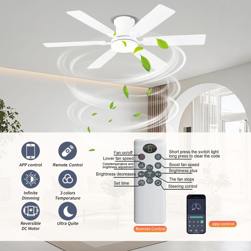 iacaf 52inch Low Profile Ceiling Fan with Light and Remote/APP