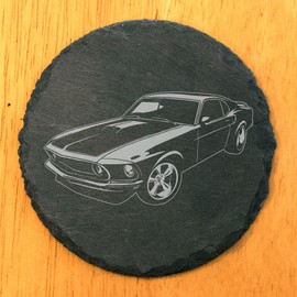 Vintage-Inspired Rustic Slate Coasters Set | Laser Etched 1969 Ford Mustang Fastback Design - Round Slate - set of 4