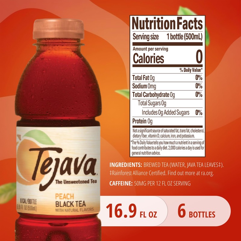 Tejava Peach Black Tea, 6 Pack 16.9 oz PET, Unsweetened,