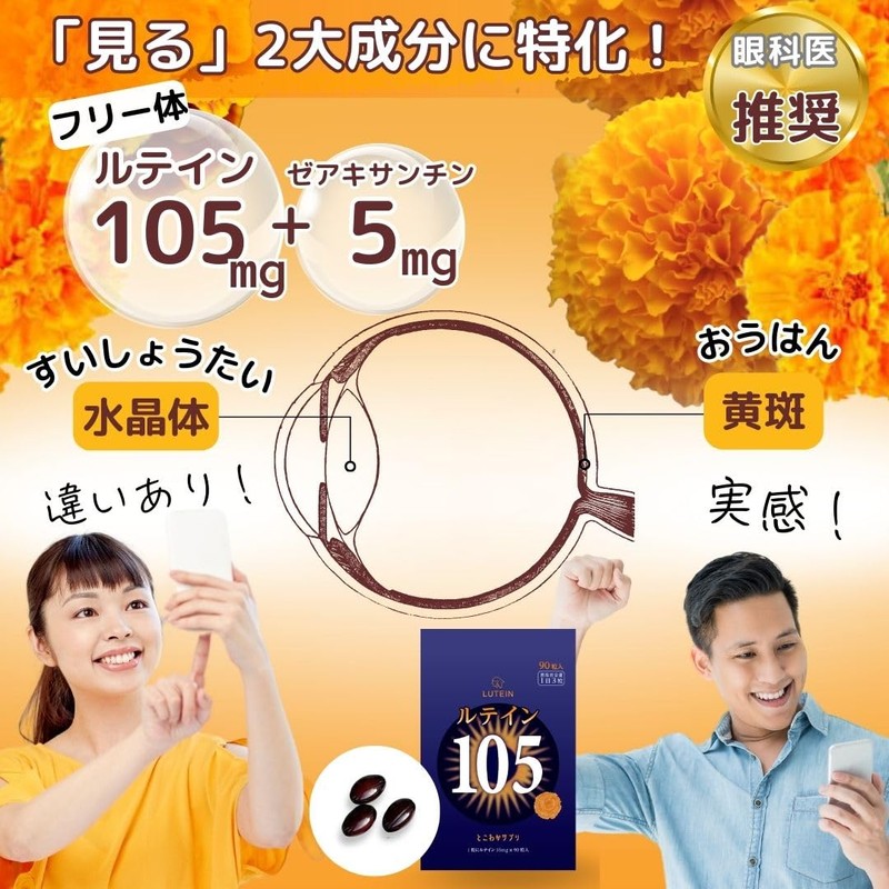 【2個セット】ルテイン105mg 高濃度 ゼアキサンチン5mg 1日3粒 90粒入 サプリメント 目 3粒で105㎎ 1粒で35mg とこわかサプリベーシックRDA