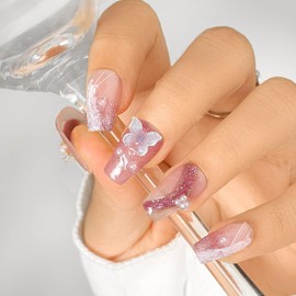 Sethexy Cute Butterfly Medium Coffin False Nail 3D Flowers Handmade False Nails Glitter Pearl False Nails Salon Durable Quality Press On Nail for Women and Girls (T)