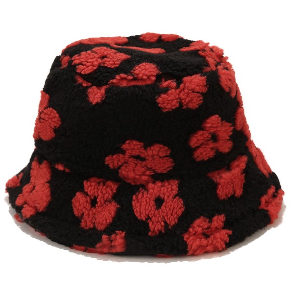 Winter Warm Plush Fuzzy Bucket Hat Faux Fur Daisy Flowers