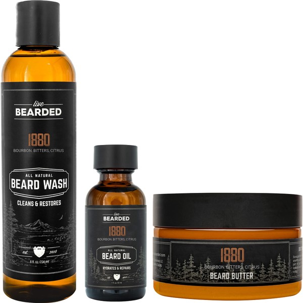 Live Bearded 3-Step Beard Grooming Kit - 1880 - Beard Wash, Beard Oil and Beard Butter - All-Natural Ingredients with Shea Butter, Jojoba Oil and More - Beard Growth Support - Made in the USA