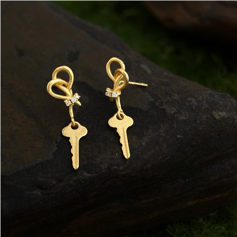 18K Gold Plated Keys Dangle Drop Earrings for Women 925