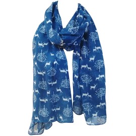 GlamLondon Deer and Trees Scarf Christmas Reindeer Stag Ladies Large Festive Party Gift (Navy Blue)