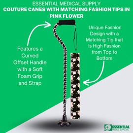 Essential Medical Supply Couture Offset Fashion Cane with Matching Standing Super Big Foot Tip, Pink Floral Style