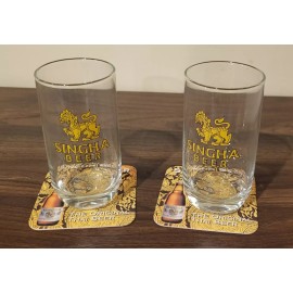 Singha Set of 2 Singha Beer Glasses Thailand with Coasters 0.3 L NEW