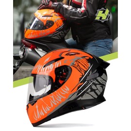 HAX Full Face Motorcycle DOT Approved Helmet with Dual Rear Wing and Pinlock Ready - Lightweight and Durable Motorbike Street Bike Helmet for Adults (Impulse Devour Orange,S)