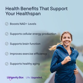 Longevity Box NR 300MG x 120 Cápsulas | Suplemento NAD+ Ultra Puro 99% | Energía Celular, Antienvejecimiento y Salud Muscular | Vegano, Sin OGM, Certificado por Terceros