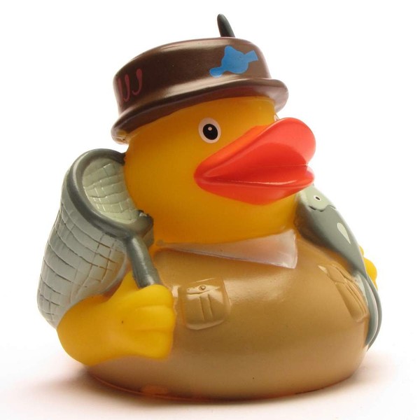 Duckshop I Angler Badeente I Quietscheentchen I Quietscheente - L: 8 cm - inkl. Badeenten-Schlüsselanhänger im Set