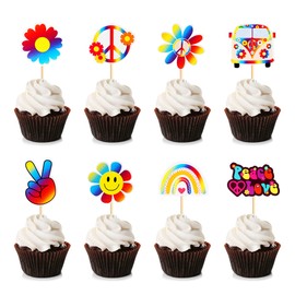 Keaziu Paquete de 32 adornos para magdalenas con temática hippie, letrero de paz, púas de mano para magdalenas, temática de los años 60, diseño bohemio, arco iris, suministros para fiesta de cumpleaños
