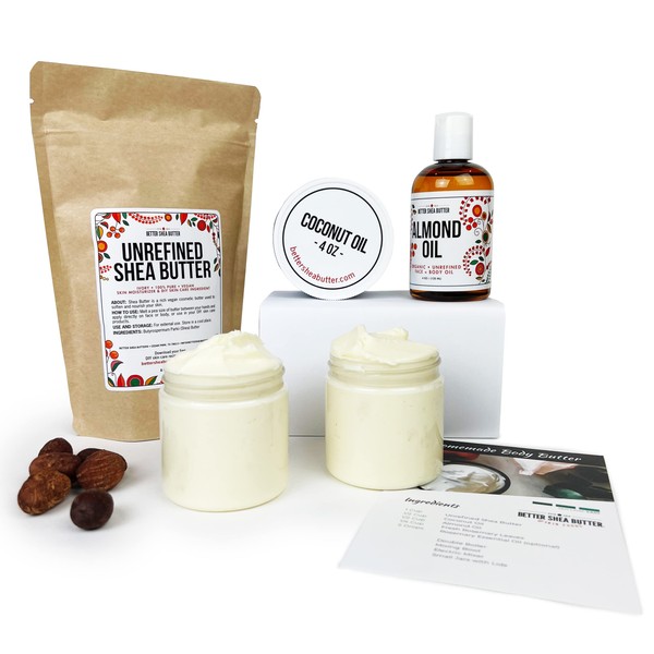Better Shea Butter Body Butter Making Kit - Body Butter Supplies (Raw Shea Butter, Almond Oil, Coconut Oil, 2 Jars) & Recipe Card with Link to Video Tutorial - Natural Whipped Body Lotion Making Kit