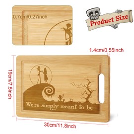 Jouierty Nightmare Bamboo Cutting Board Engraved Jack and Sally Wooden Food Serving Tray Kitchen Chopping Butcher with Handles Juice Groove for Meat Vegetables Cheese Board Housewarming Christmas Gift