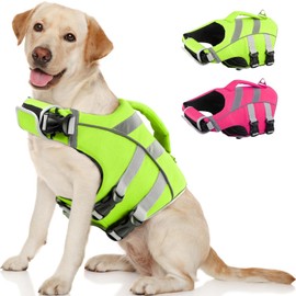 Kuoser Small Dog Life Jacket - High Flotation, Reflective Vest for Swimming Boating, Adjustable Lightweight Preserver with Rescue Handle, Green S