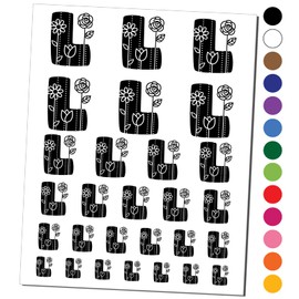Sweet and Cute Flowers Rounded Block Letter L Temporary Tattoo Water Resistant Fake Body Art Set Collection - Black (One Sheet)